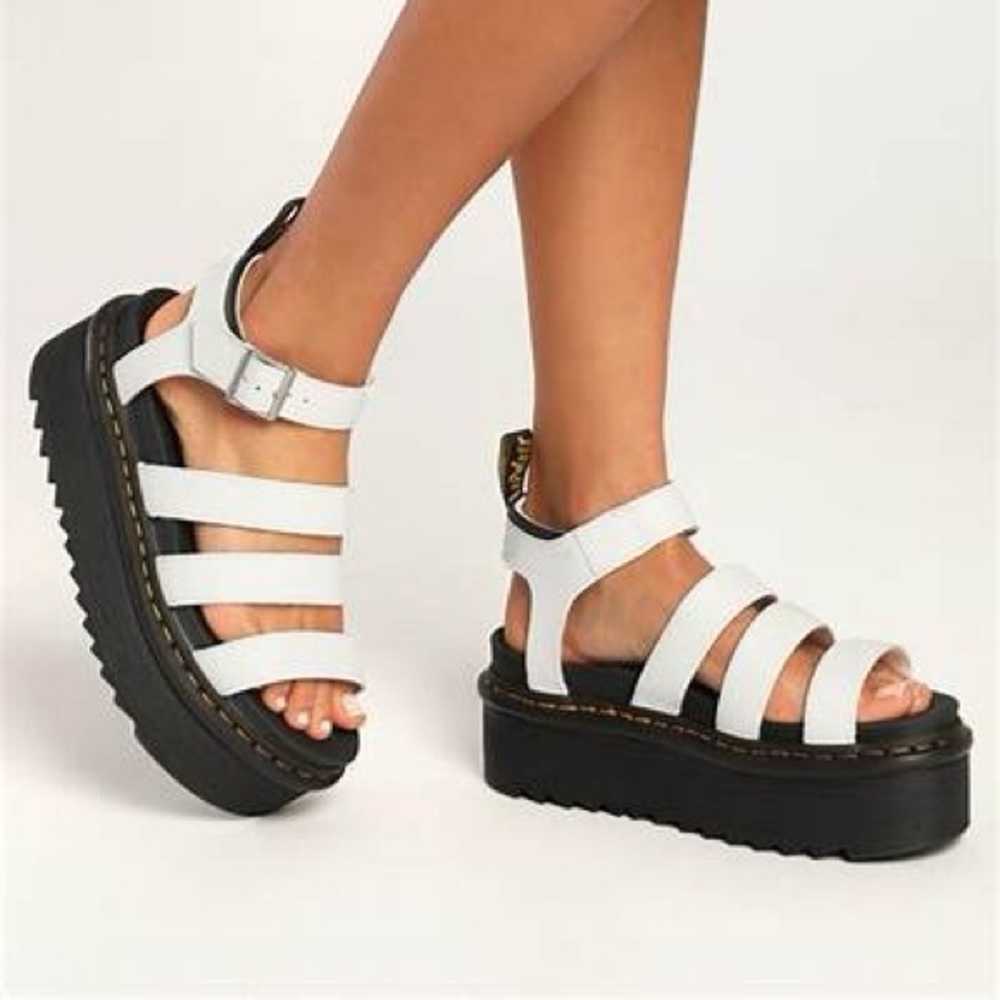 Dr Martens Blaire Quad Hydro Platform White Patented
Leather Ankle Strap Sandals